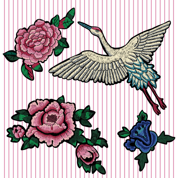 刺绣牡丹和仙鹤的花补丁。图片下载