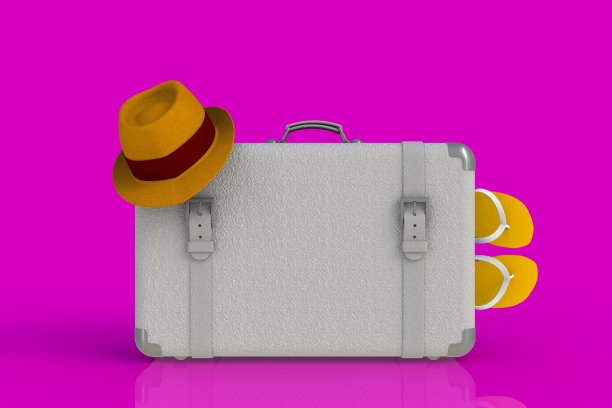 一个带草帽和人字拖的旅行箱，粉色背景，3D渲染图片下载