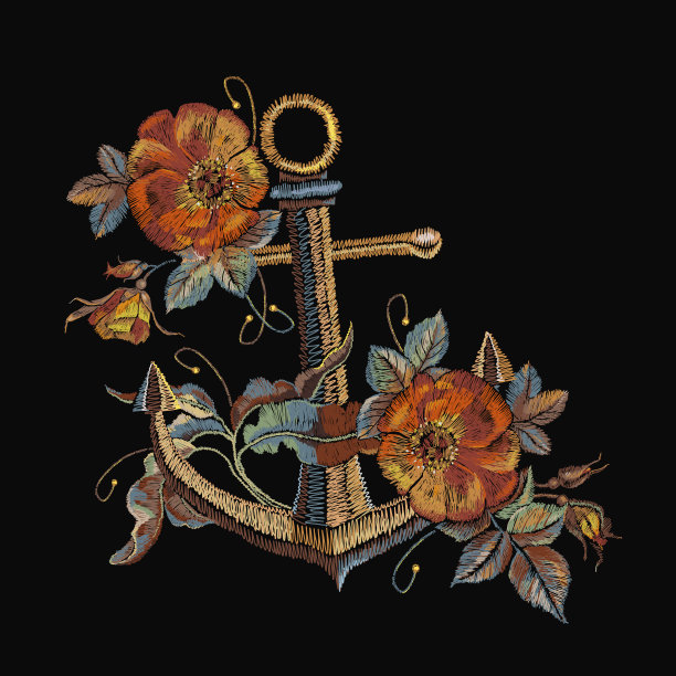 刺绣复古锚和红玫瑰刺绣。经典时尚绣花锚，美丽的红色玫瑰花束衣服模板，纺织t恤设计图片下载