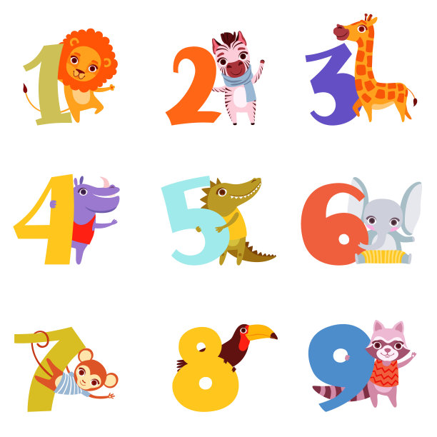 从1到9的彩色数字和动物。卡通狮子，斑马，长颈鹿，河马，鳄鱼，大象，猴子，巨嘴鸟，浣熊。矢量设计的儿童教育书籍图片下载