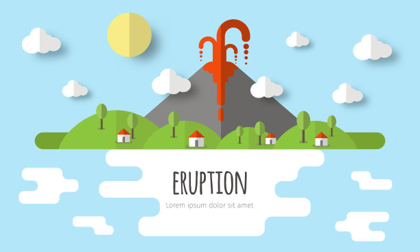 火山爆发的矢量图。美丽的山景，天空，云彩，星星，村舍。材料平面设计与体量元素和阴影图片下载