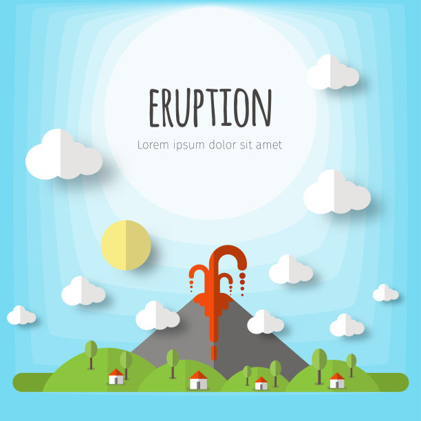 火山爆发的矢量图。美丽的山景，天空，云彩，星星，村舍。材料平面设计与体量元素和阴影图片下载