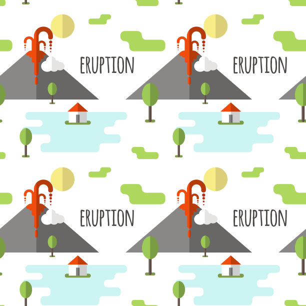 矢量无缝模式火山喷发。烟雾和熔岩从火山口，村庄和树在脚下。用于明信片，网站，海报，壁纸，包装纸图片下载