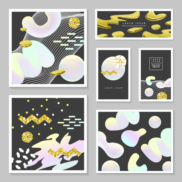 液体抽象模板集。流体颜色与金色闪光几何元素。采购产品海报，横幅，卡片，小册子，封面，传单背景。矢量图图片下载