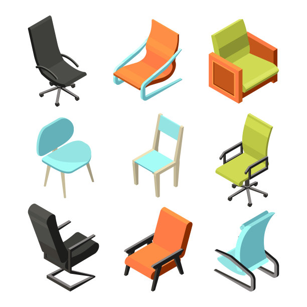 办公家具。不同的皮革椅子和扶手椅。等距的照片图片下载