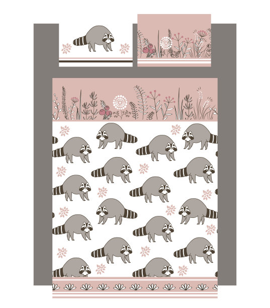 豪华床上用品配有可爱的浣熊和涂鸦花，一床羽绒被和两个枕头。矢量插图。所有模板都是无缝的图片下载