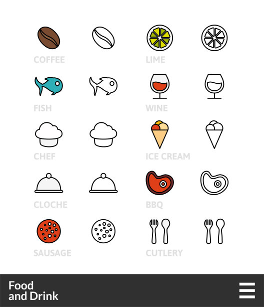 黑色和彩色轮廓图标，细描线条风格设计图片下载