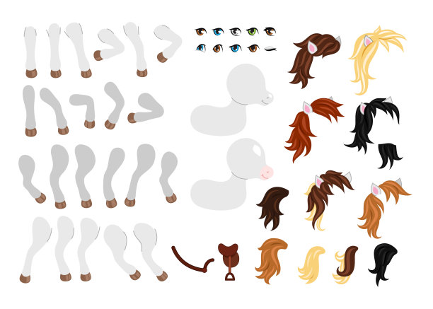 创造你自己可爱的小马驹。不同类型的鬃毛，尾巴，眼睛和其他元素。图片下载