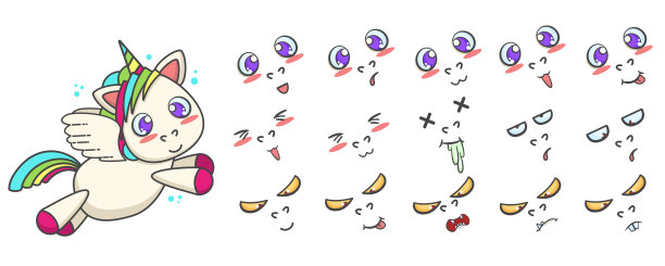 会飞的可爱的有翅膀的独角兽，带着一套情感。向量的卡通插图图片下载