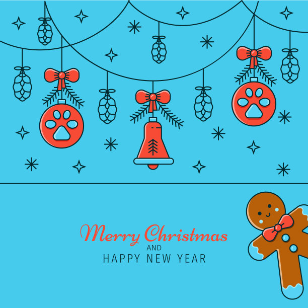 圣诞节和新年的问候和邀请卡，海报，横幅，标题的概念。冬季插画与姜饼人的性格和装饰:铃铛和树球与狗的脚步。图片下载