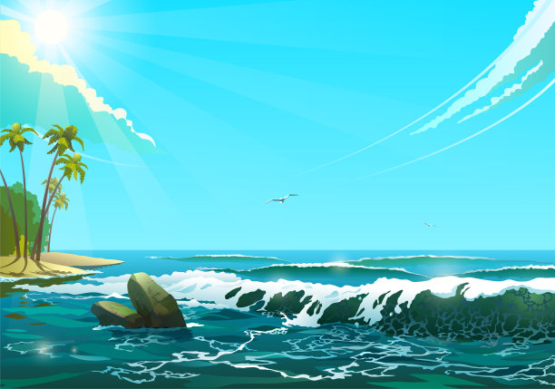 阳光明媚的海景，描绘阳光明媚的海岸和海浪，鸟在海浪中飞翔。素材图片