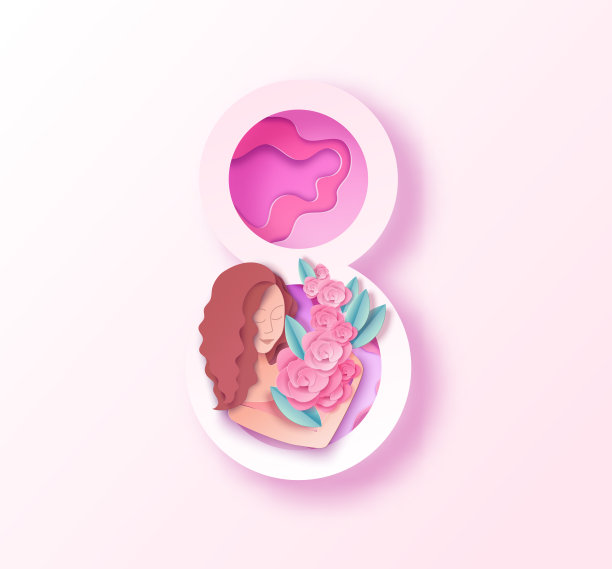 妇女节折纸或剪纸艺术贺卡，以时尚的雕刻工艺风格的3月8日banner，带有女性轮廓、鲜花，彩色矢量插图，背景素材图片
