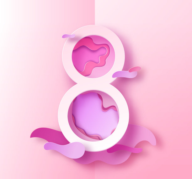 妇女节折纸或纸艺术贺卡，3月8日抽象派旗帜雕刻工艺风格与雕刻剪影，鲜花，彩色时尚矢量插图，背景素材图片