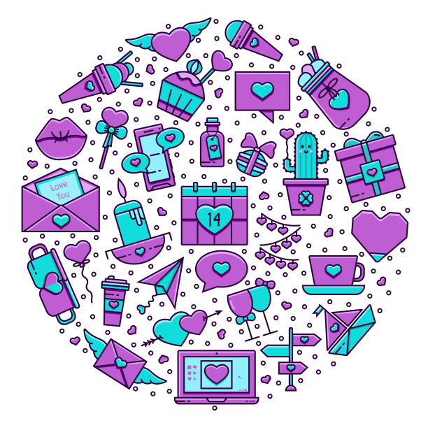 圆形构图用平色线标出图标和符号:心、甜点、爱的讯息等。情人节，浪漫，婚礼，婚姻，约会卡，传单，海报，背景模板。图片下载