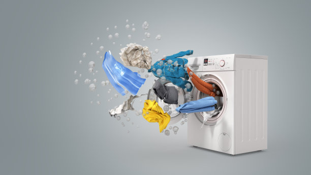 灰色背景上的洗衣机和飞天衣图片下载