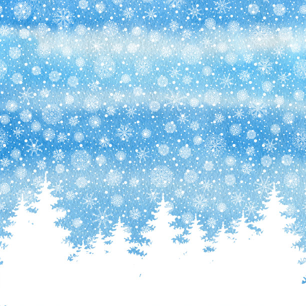 圣诞和新年贺卡。手绘水彩画以树木、雪花、飘落的雪花为背景的寒假景观。图片下载