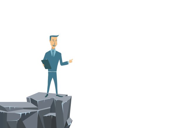 西装革履的商人站在山崖边，手指着。矢量插图，孤立在白色上。图片下载
