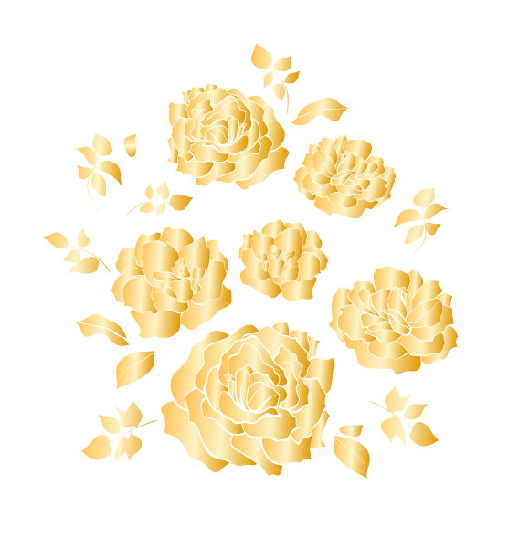 花卉设计，矢量插图集手绘。金色梯度花园玫瑰花和叶子，优雅的花束孤立在白色的背景。图片下载