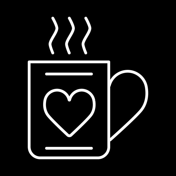 杯中的热饮和心的图标矢量，平的符号，轮廓象形孤立在黑色。爱情和情人节的象征，插图。图片下载