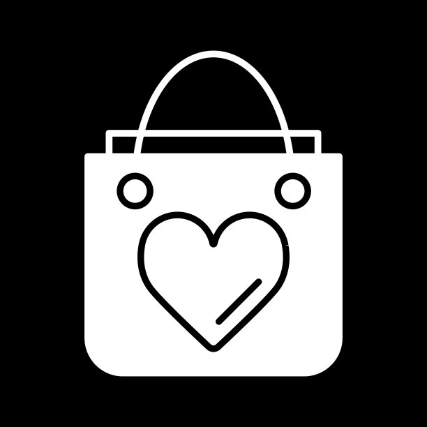 购物袋上有心形线条图标，实心矢量标志，线形风格象形孤立在黑色上。象征,插图。图片下载