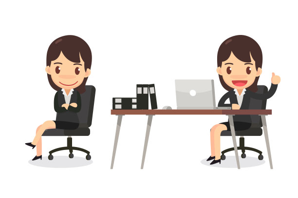 一套商业女性的性格在行动。坐在办公室里的女商人。图片下载