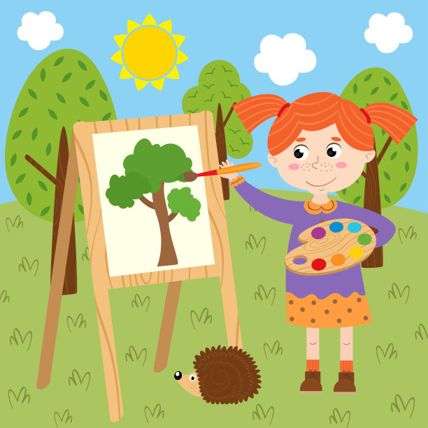 女孩在森林里的帆布上画画图片下载