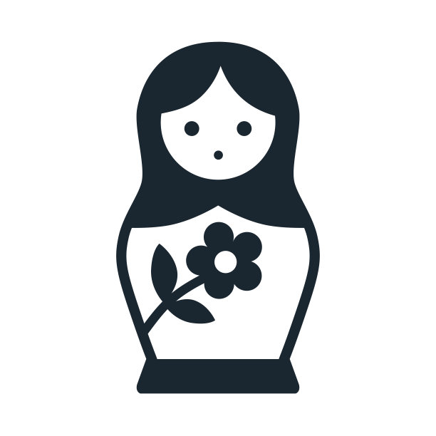 可爱的俄罗斯套娃民间玩具与花向量图标插图。简单的单色当代风格设计元素孤立在白色上。图片下载