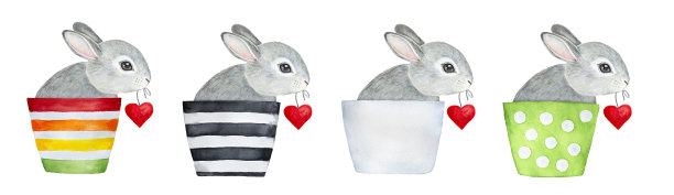 兔女郎套装，坐在彩色的杯子里，拿着一颗挂在弦上的心。图片下载