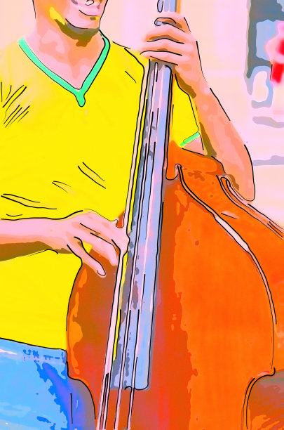 一位快乐的音乐家用低音提琴唱歌和演奏图片下载