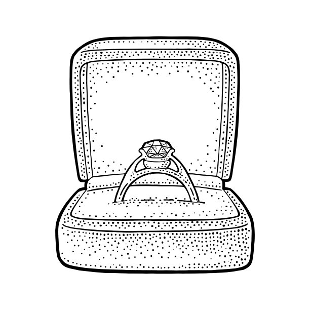 结婚戒指与钻石在礼盒。复古黑色矢量版画插图图片下载