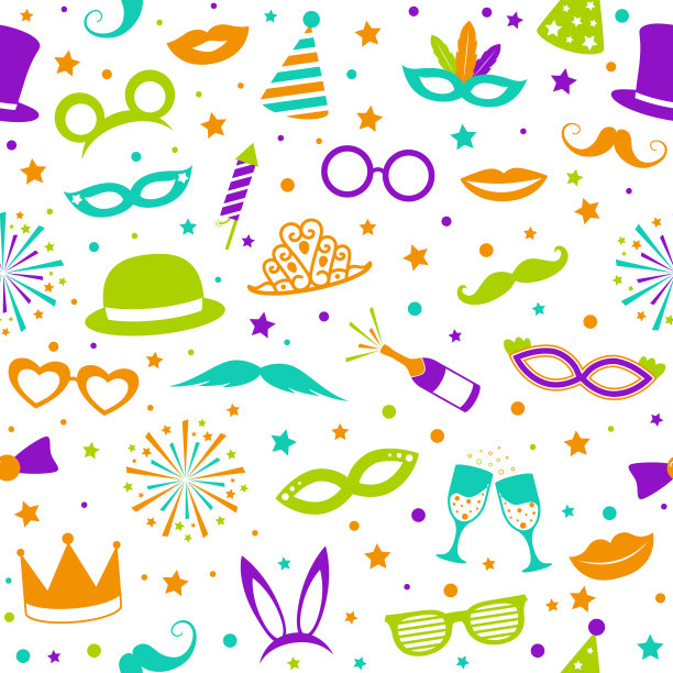 五彩缤纷的派对背景与有趣的图标-嘉年华，照片亭和生日。无缝纹理。向量。图片下载