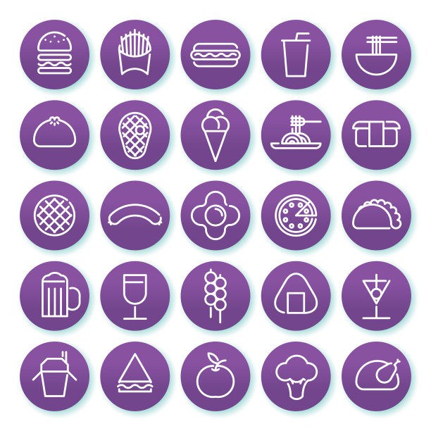 食品和饮料极简线条图标设置在一个圆形的紫色背景图片下载