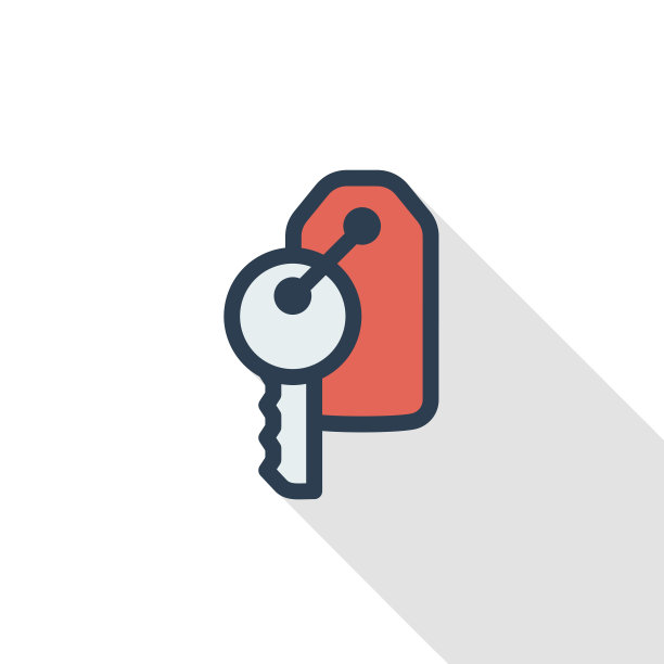 酒店房间键细线平色图标。线性向量符号。彩色的长影子设计。图片下载