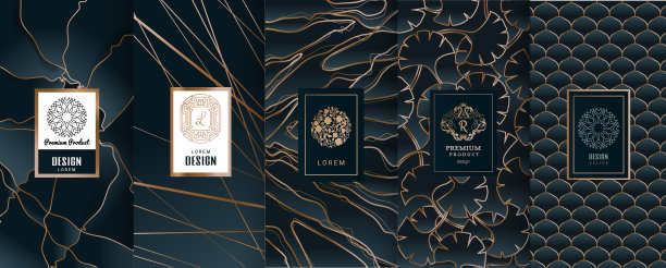 收集设计元素，标签，图标，框架，用于包装，设计的奢侈品。由金箔制成。孤立在黑色和大理石背景。矢量图图片下载