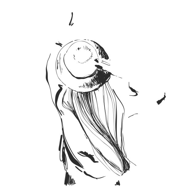 素描幸福无忧无虑快乐的女人戴着帽子。手绘漂亮可爱的长头发女孩图片下载