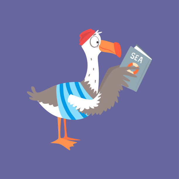 有趣的海鸥在看书，可爱的漫画鸟人物卡通矢量插图图片下载