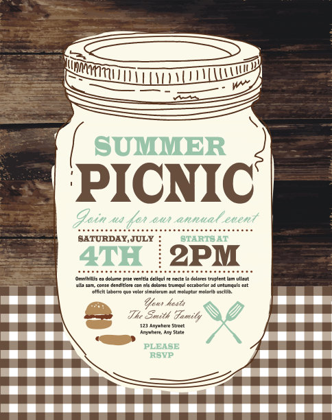 梅森瓶烧烤方格桌布野餐邀请设计模板图片下载