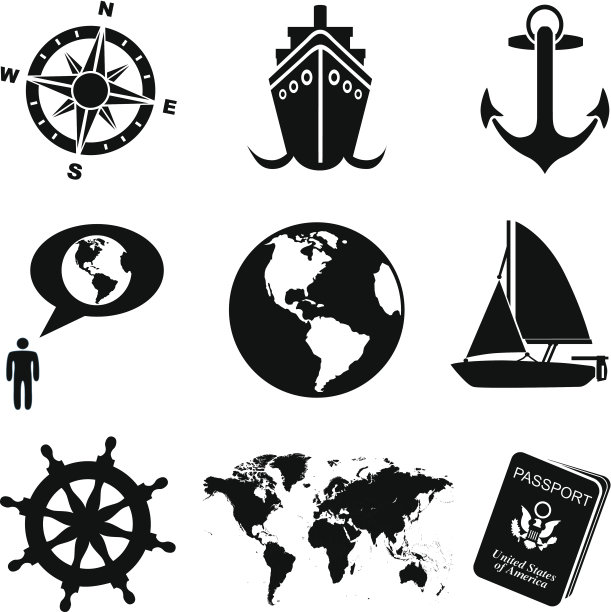 黑白海洋邮轮旅行图标集图片下载