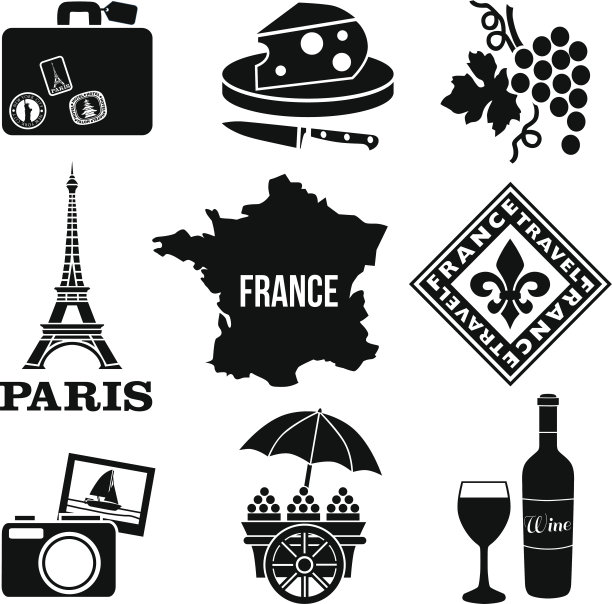 旅行法国图标设置黑白图片下载
