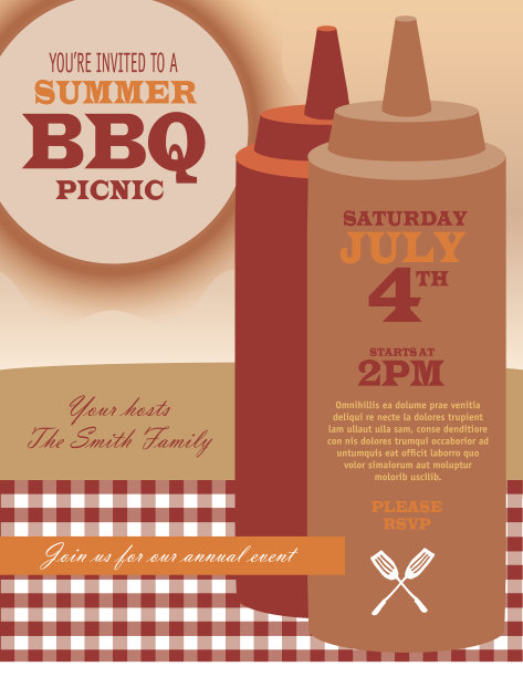 野餐和烧烤派对橙色和红色的邀请设计模板图片下载