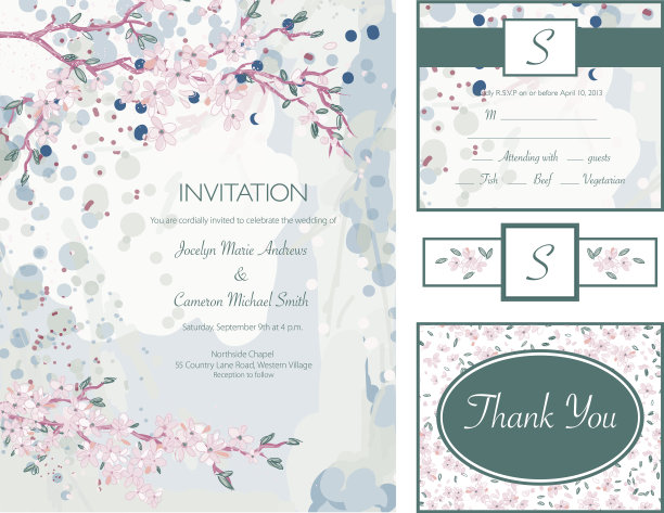 樱花水彩风格婚礼请柬套装图片下载