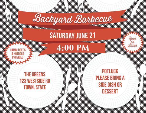 后院烧烤纸盘野餐桌邀请模板图片下载