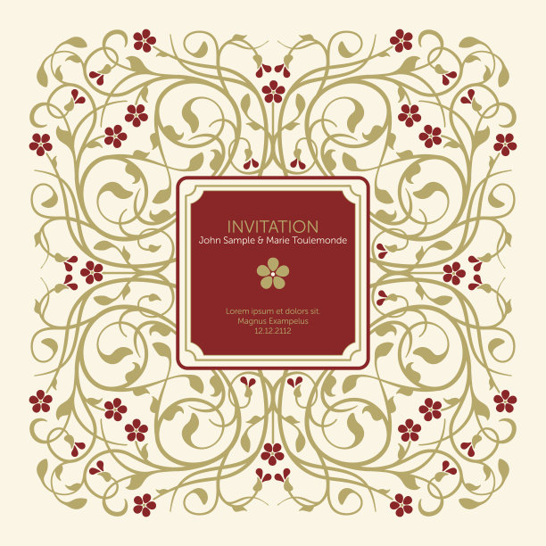 蓬勃发展，装饰框架元素与红宝石红色的花朵(请柬)图片下载