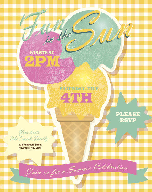 甜的夏日派对模板邀请设计与冰淇淋蛋卷图片下载