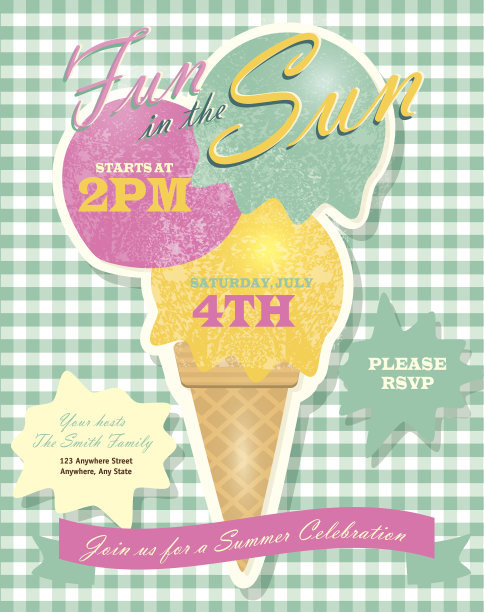 甜的夏日派对模板邀请设计与冰淇淋蛋卷图片下载