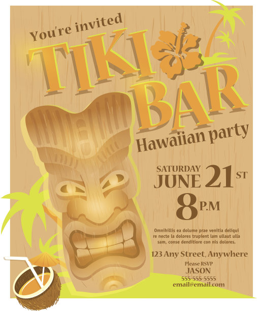 可爱的夏日提基酒吧夏威夷派对邀请海报设计模板图片下载