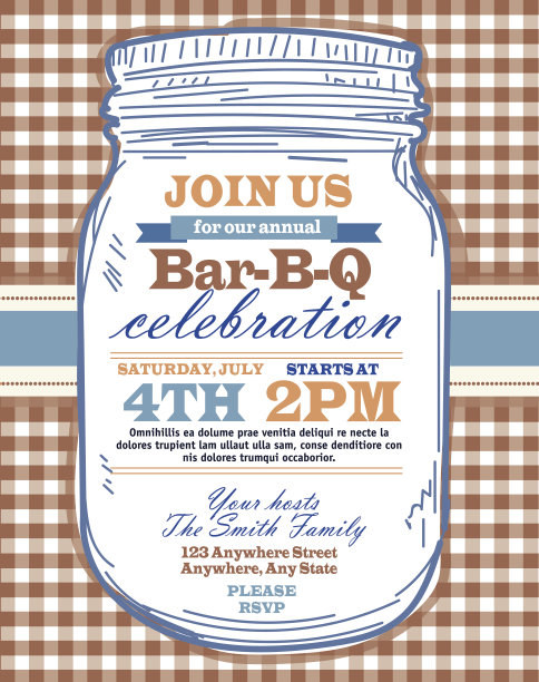 梅森瓶烧烤与棕色桌布野餐邀请模板设计图片下载