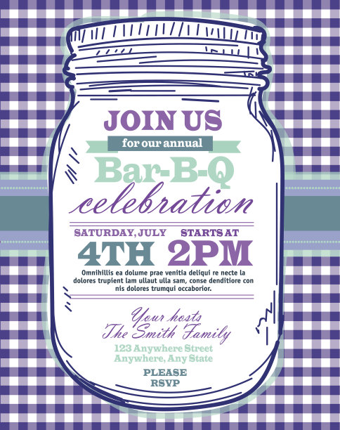 梅森瓶烧烤与紫色桌布野餐邀请模板设计图片下载