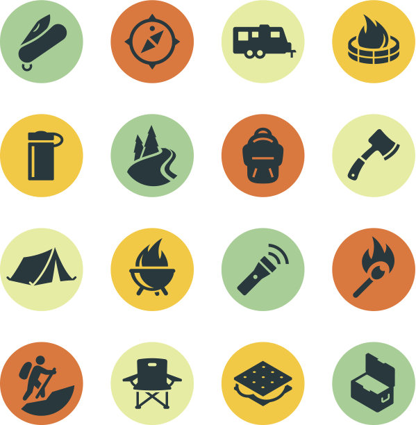 彩色圆圈上的露营图标图片下载