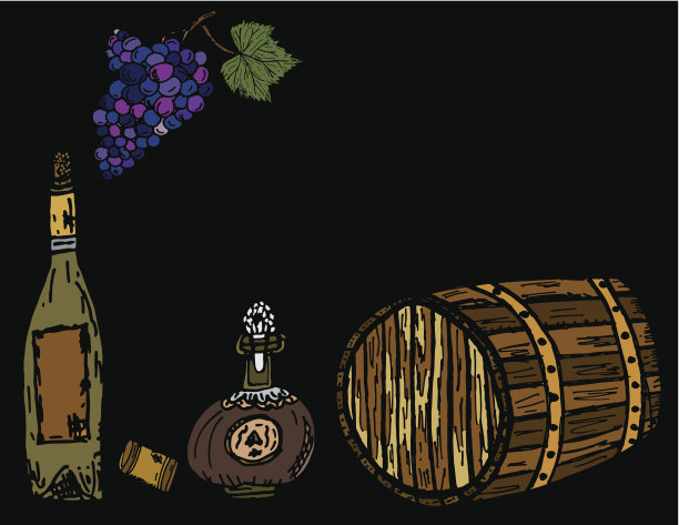 葡萄酒元素背景-酒桶，酒瓶和葡萄在黑色图片下载